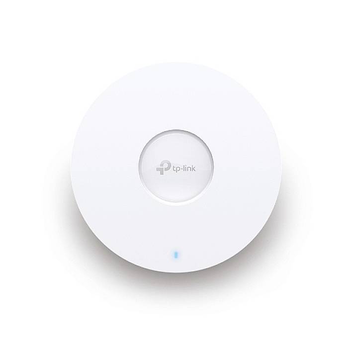 A white, round TP-Link Wi-Fi access point with a small blue LED light on its underside.