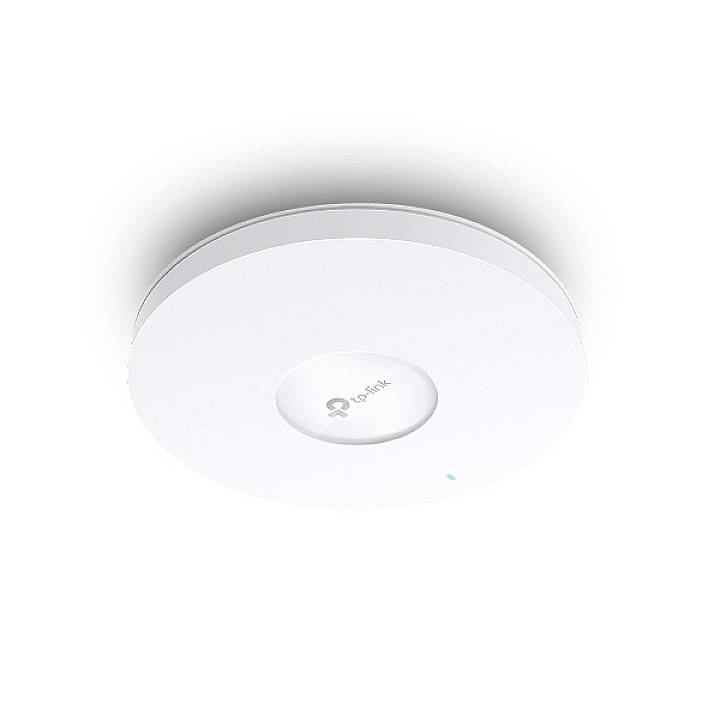 A white, round Wi-Fi access point with a TP-Link logo, mounted on the ceiling. Suitable for home and office environments.