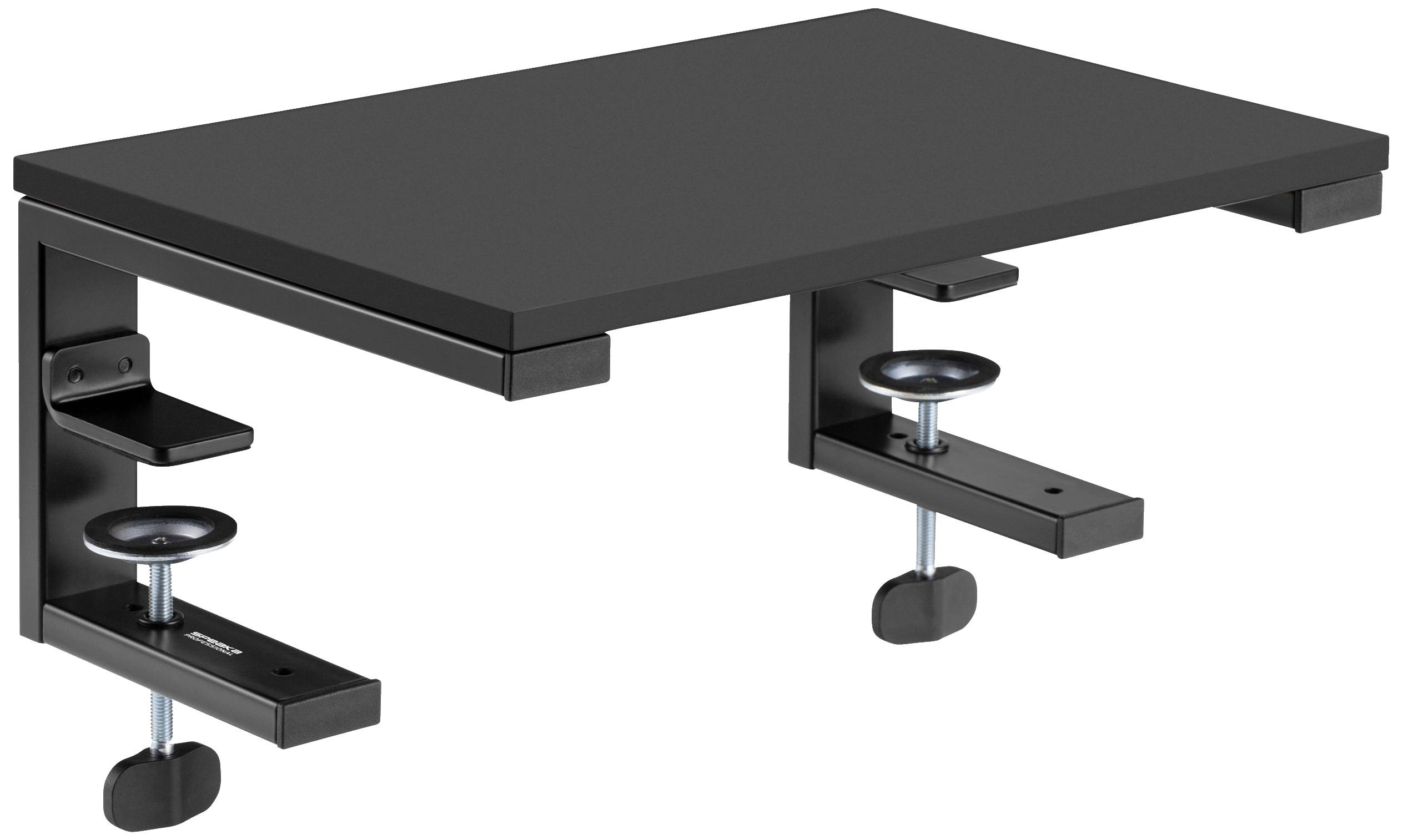 Black desk shelf with two screw clamps for attaching to a desk edge, ideal for extending the working surface.