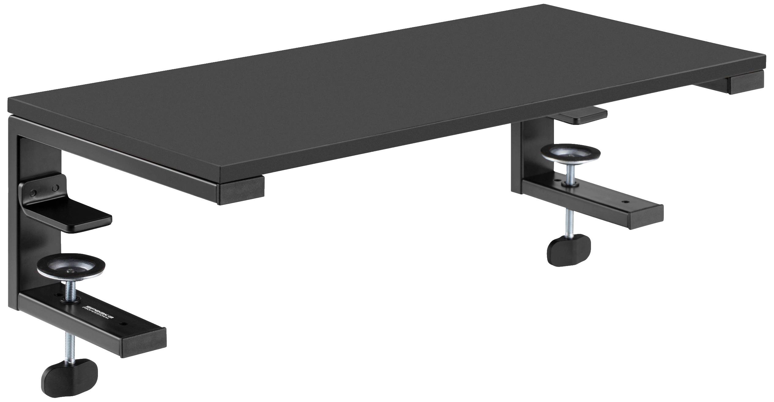 A black, rectangular table shelf with two clamps for attaching to a desk. Ideal for expanding the working surface.