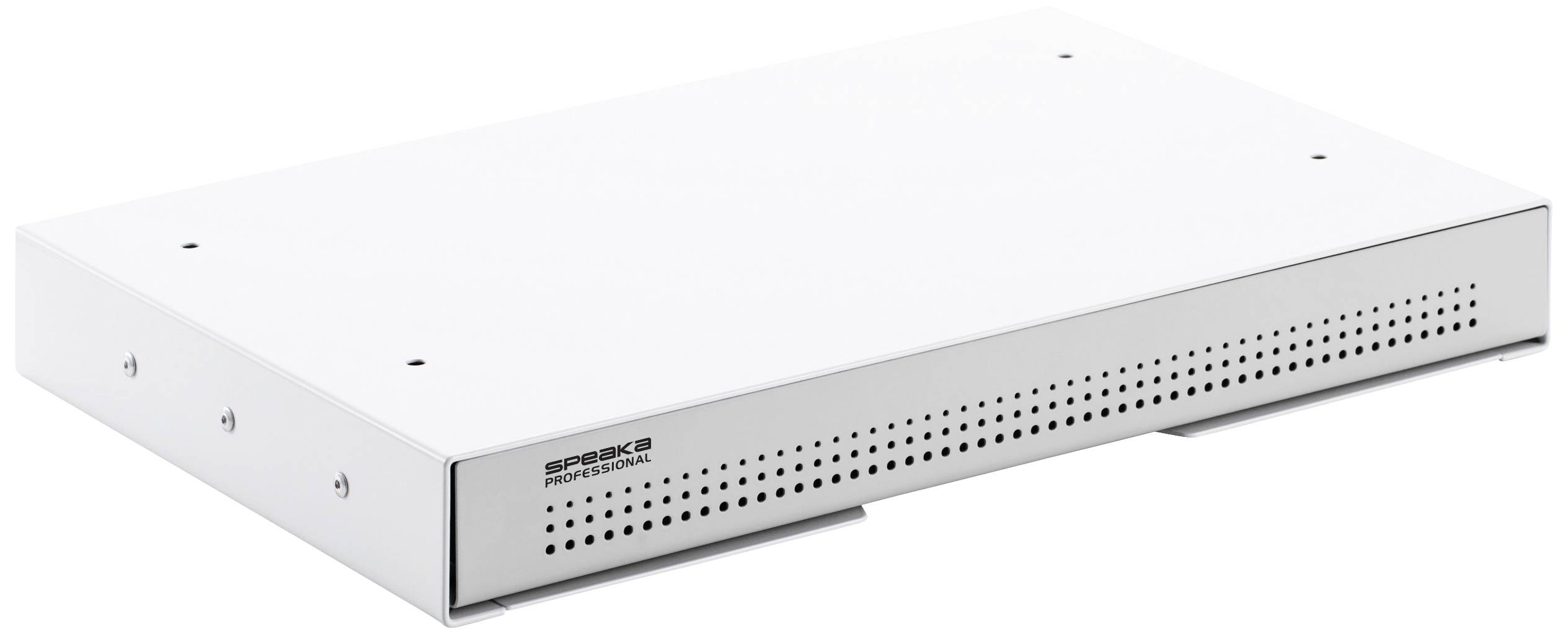 A flat, rectangular, white network switch with ventilation holes on the front.
