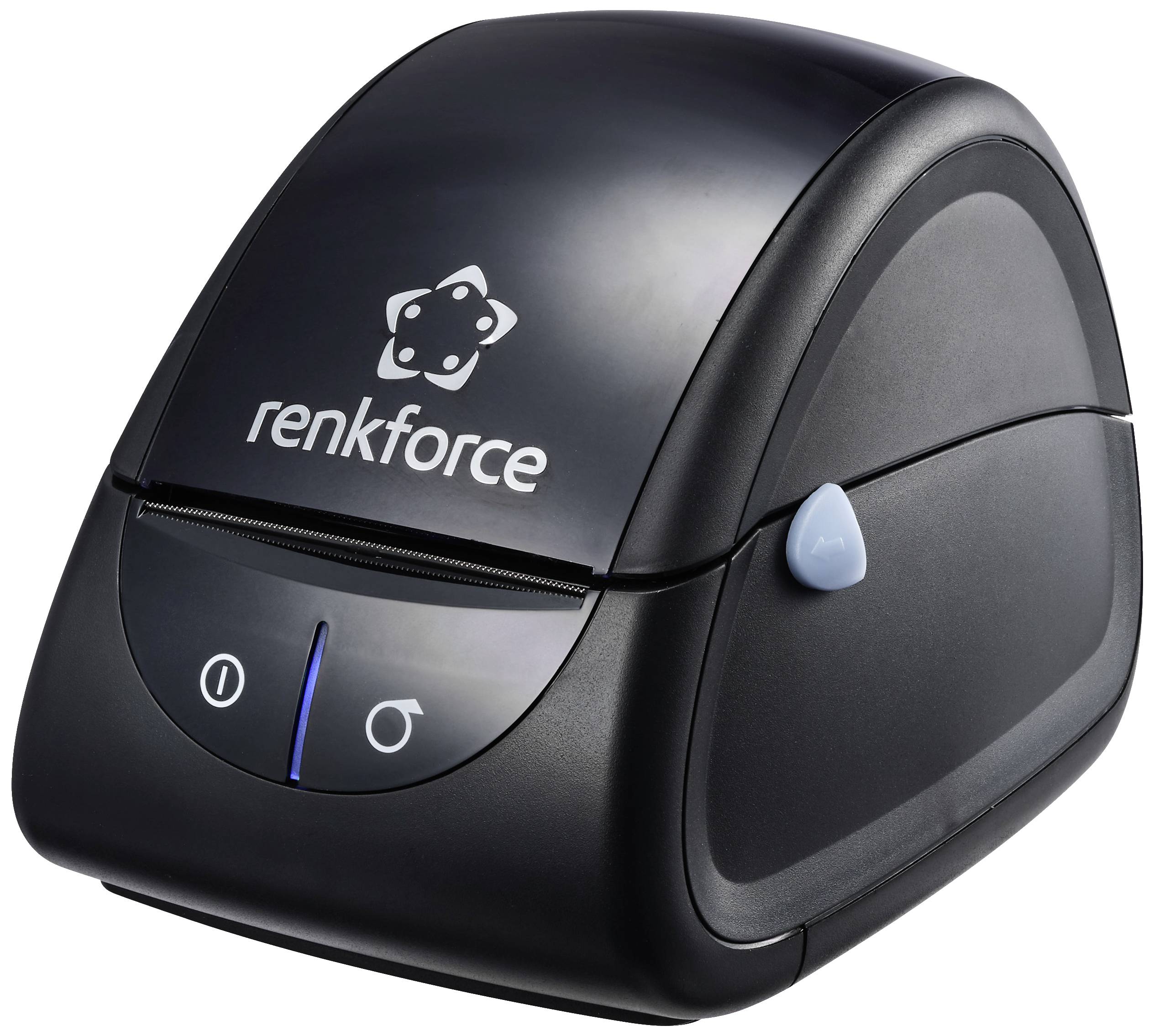 Black renkforce label printer with blue power button and print slot.