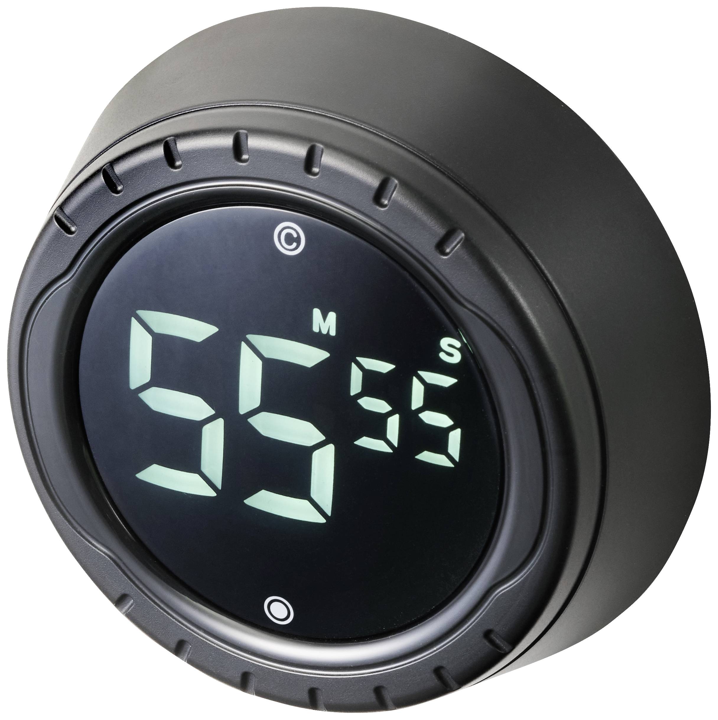 Digital kitchen timer with a black casing showing '55 minutes 55 seconds'. Dark background.