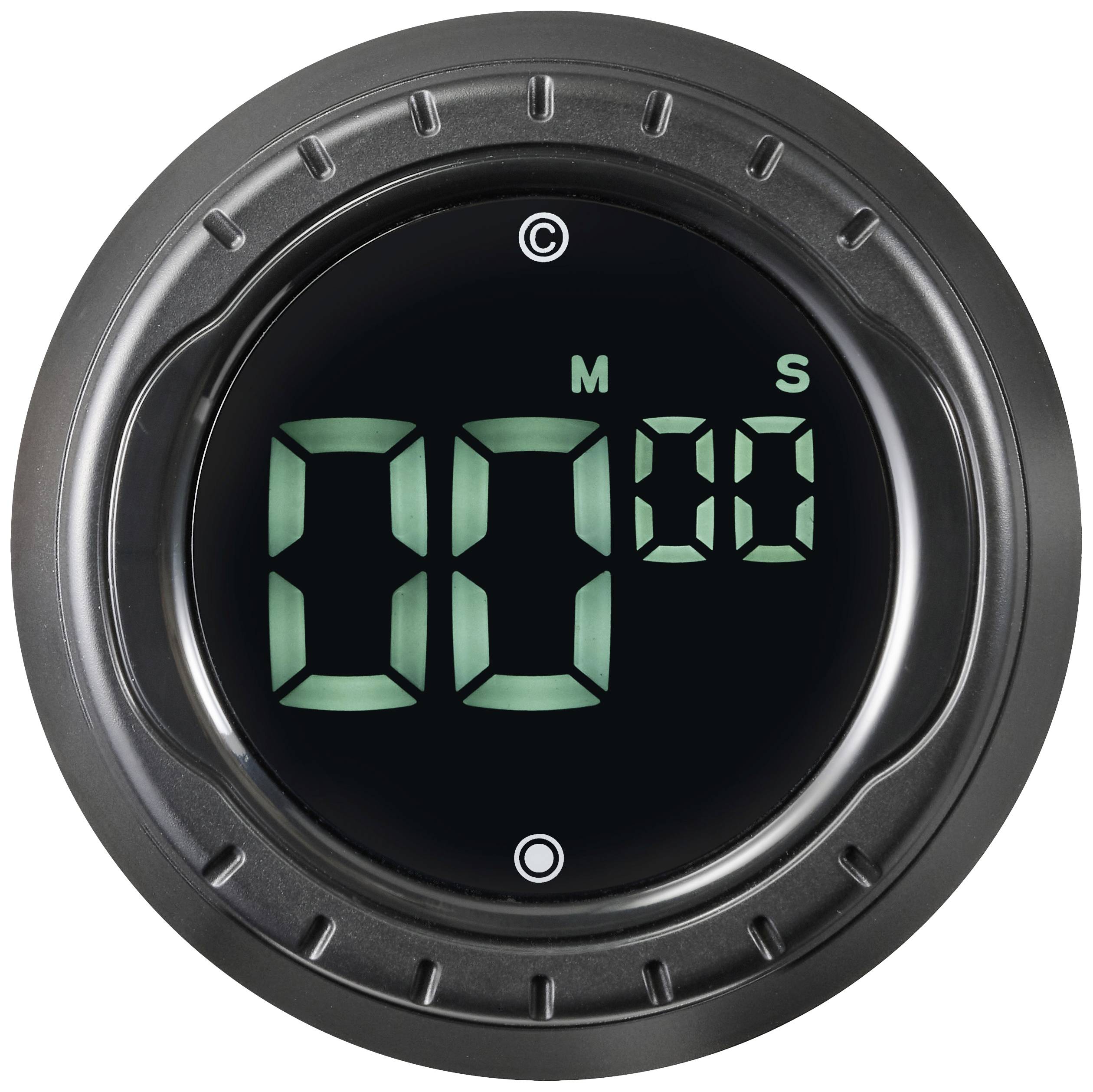 Black digital timer with large green numbers displays '00:00'. At the top, the letters 'M' and 'S' stand for minutes and seconds.