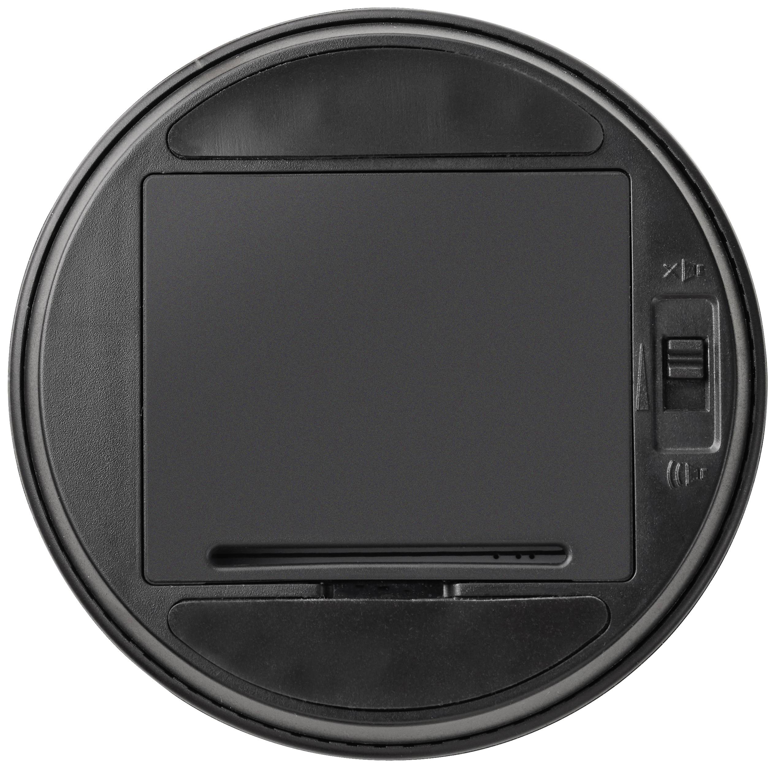Round black drink holder with integrated card reader and card compartment, suitable for vehicles or furniture.