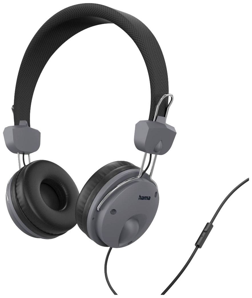 Grey wired headphones with soft ear cushions and an adjustable headband. Suitable for music or calls.
