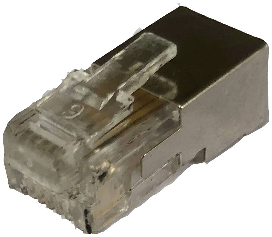 A single RJ45 network plug in close-up, used for connecting Ethernet cables for internet or network connections.