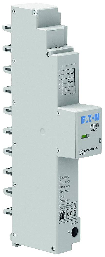 An Eaton electrical circuit breaker for circuit protection, vertically mounted, white housing with labelling.