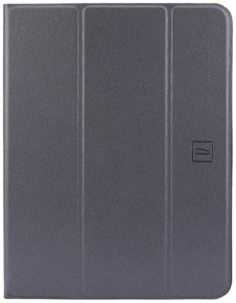 A black tablet case with a textured surface pattern and a subtle logo on the right-hand side.