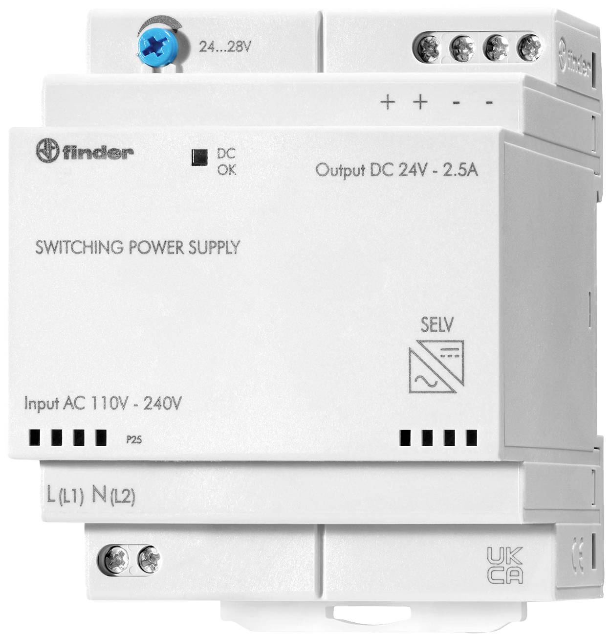 White switched-mode power supply unit with brand logo, input AC 110V-240V, output DC 24V-2.5A, also displays DC OK and SIP symbols.