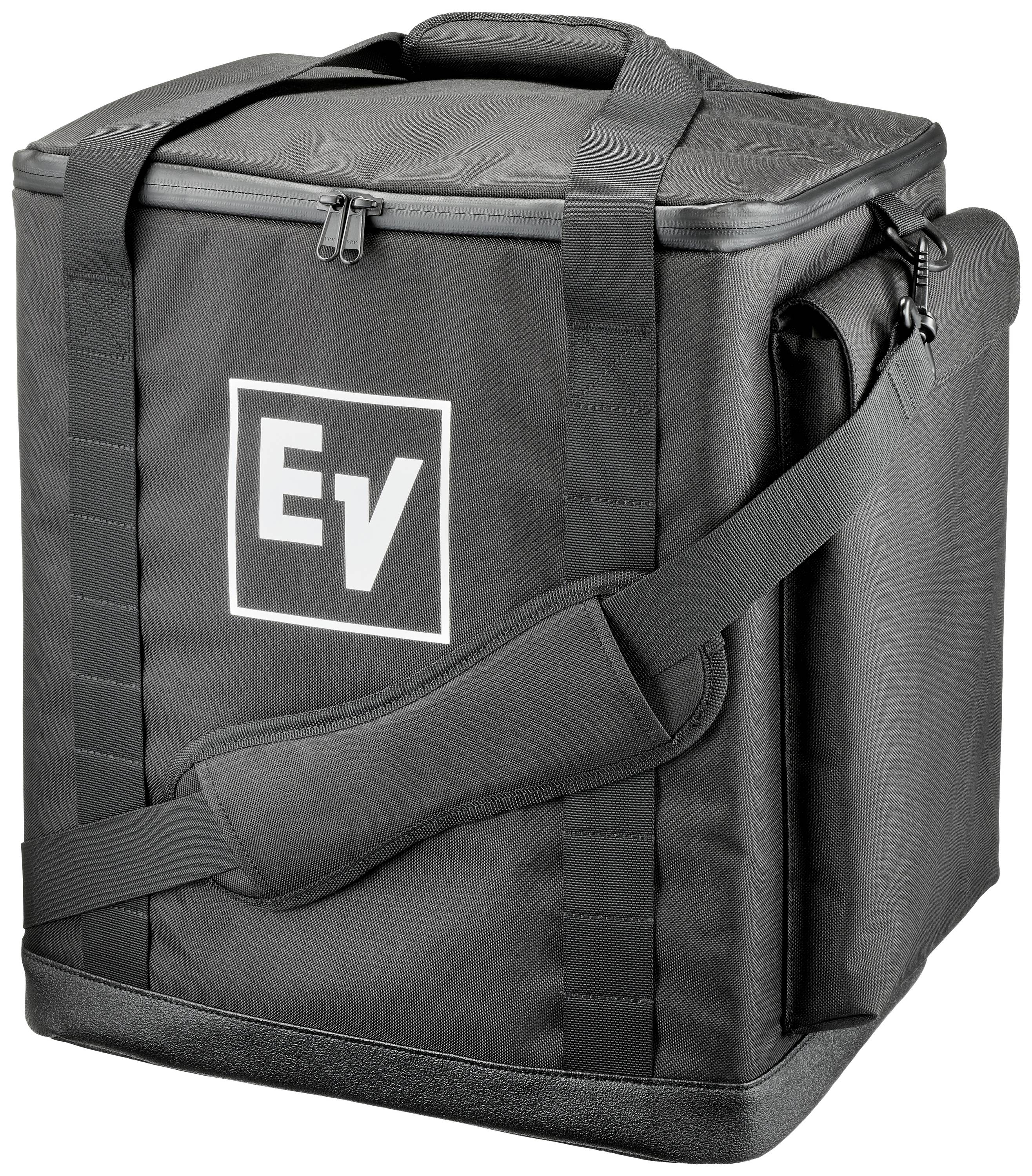Black transport bag with padded shoulder strap and a white 'EV' logo on the front.
