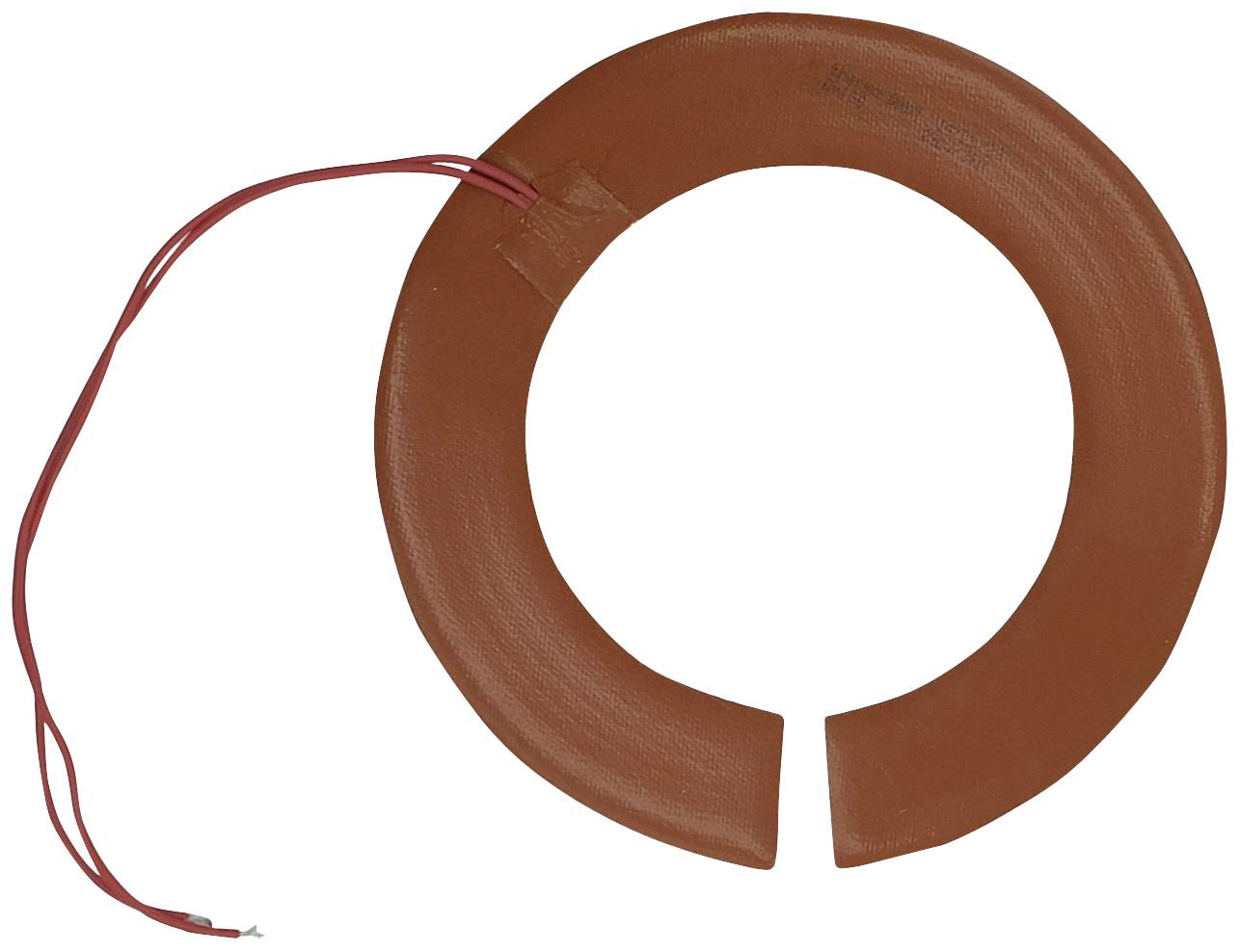 A brown, ring-shaped silicone heater with an opening and a cable for connection, pictured against a white background.
