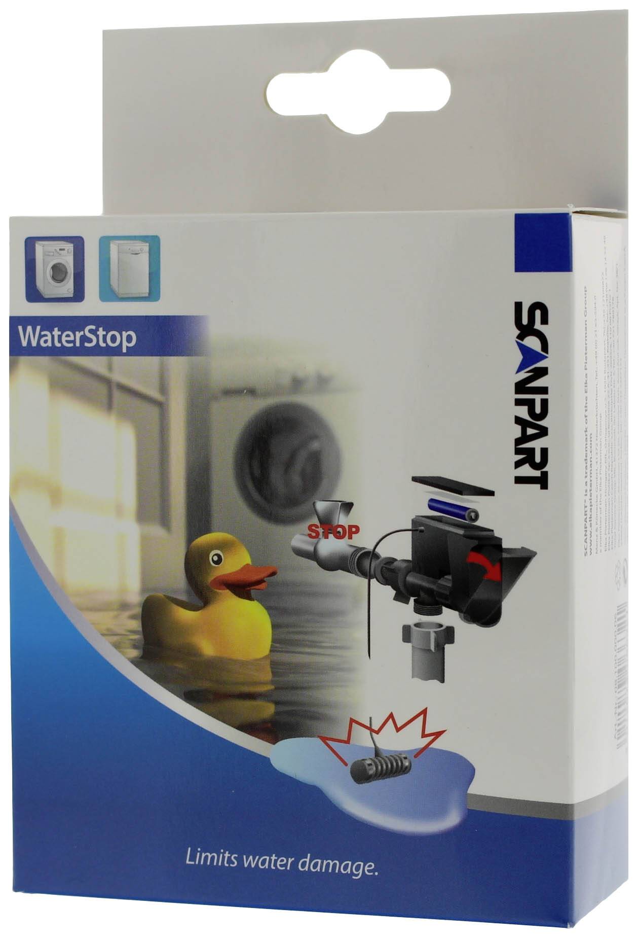 Packaging for a water stop that prevents water damage. Image shows a yellow duck in water and a functional diagram.