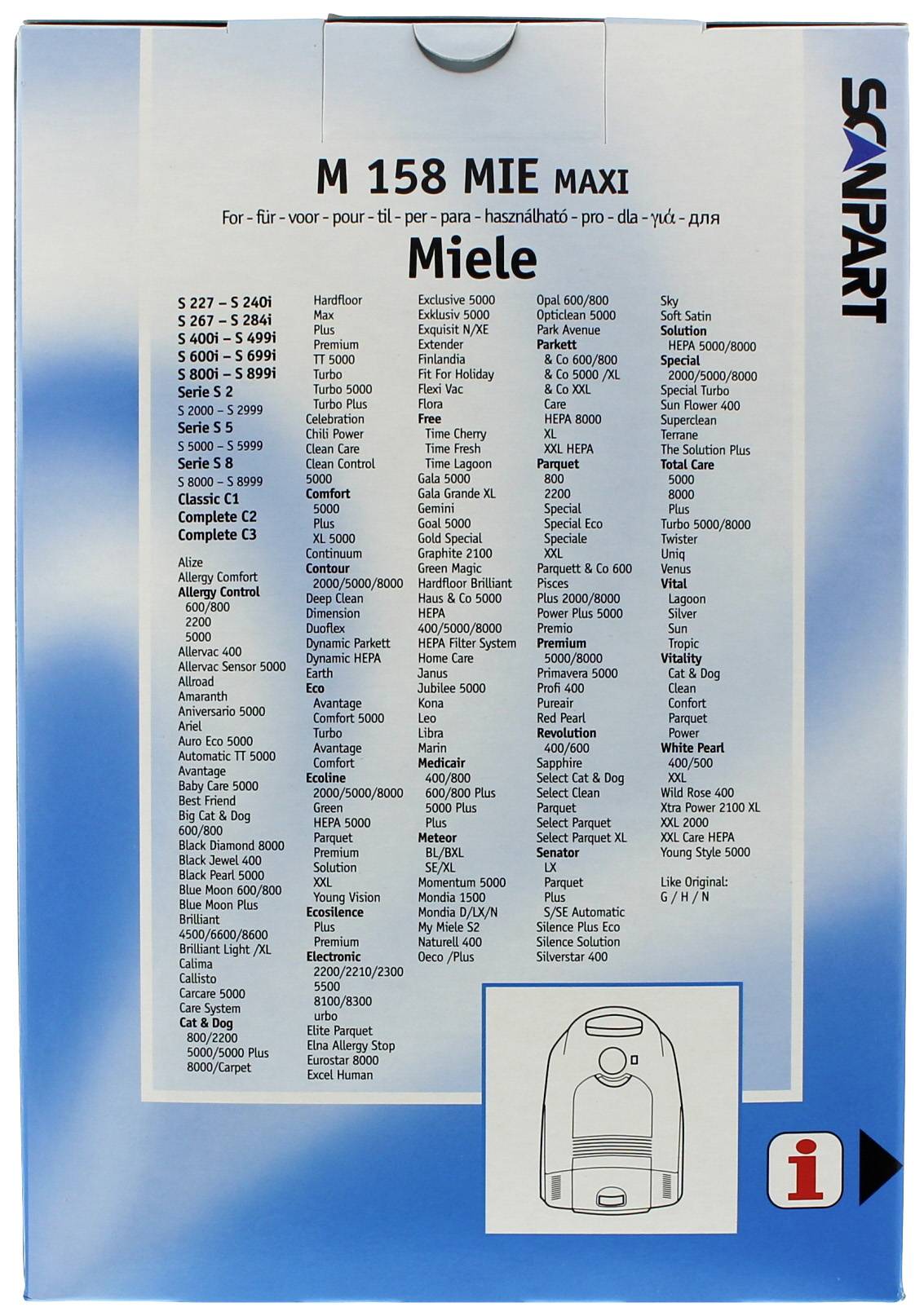 'Sanpart M 158 MIE MAXI Vacuum Cleaner Bags' packaging displays a table with compatible Miele models and a product illustration in the bottom right-hand corner.
