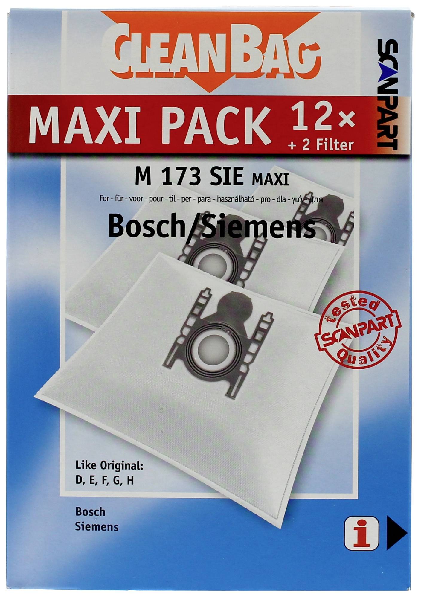 'CleanBag Maxi Pack 12× + 2 Filter' Vacuum Cleaner Bags for Bosch Siemens Models. Packaging design with company logo and model number.