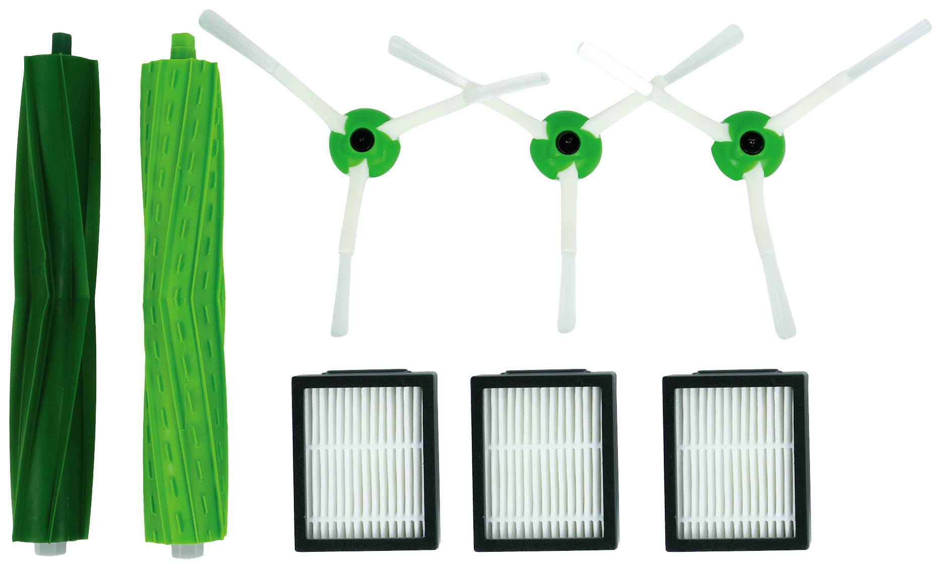 Spare parts for a robot vacuum cleaner: Two green rollers, three side brushes and three rectangular filters.