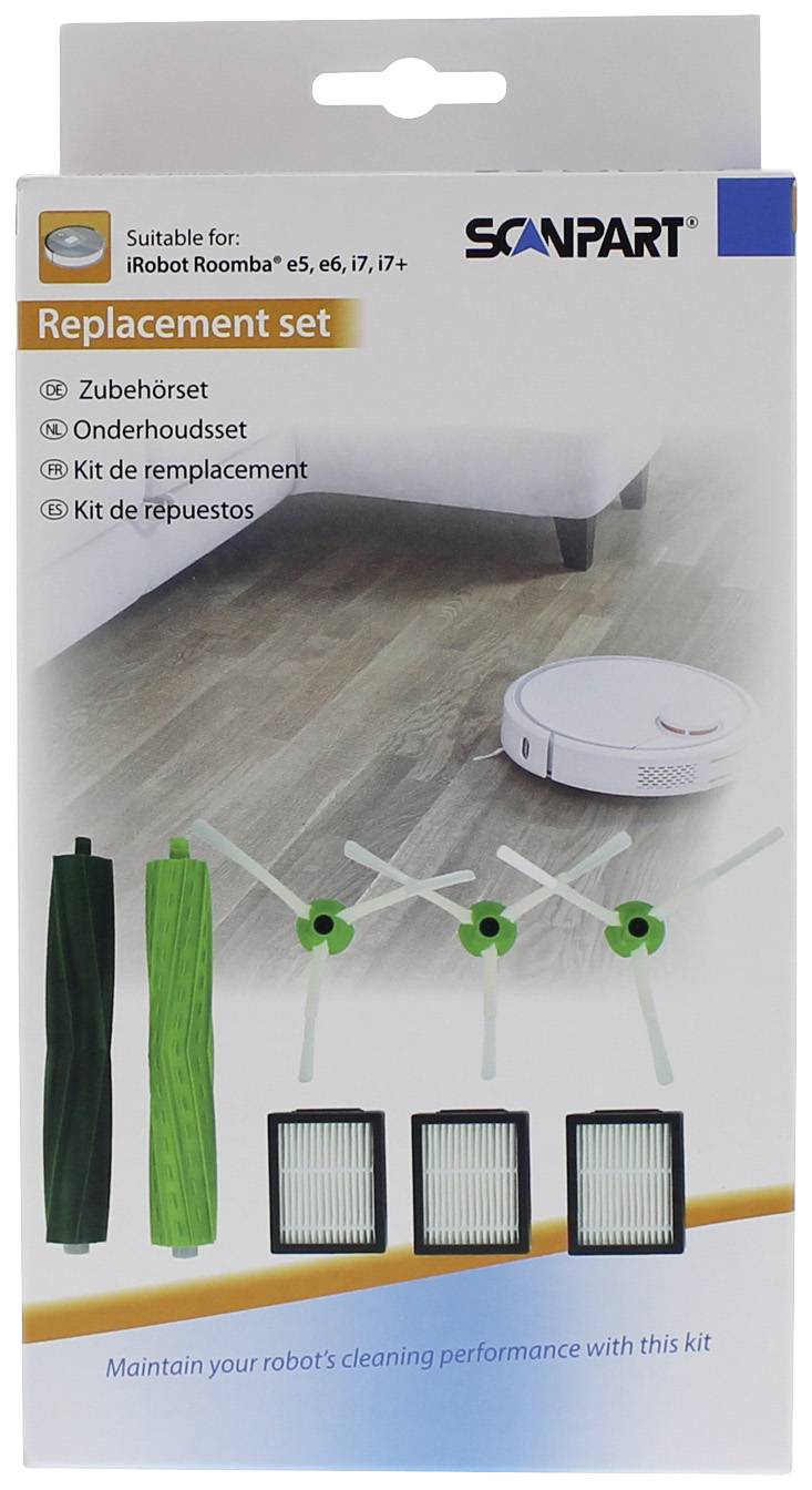 Scanpart Replacement Set for iRobot Roomba Models e5, e6, i7, i7+. Contains brushes, filters and side brushes for optimal cleaning.