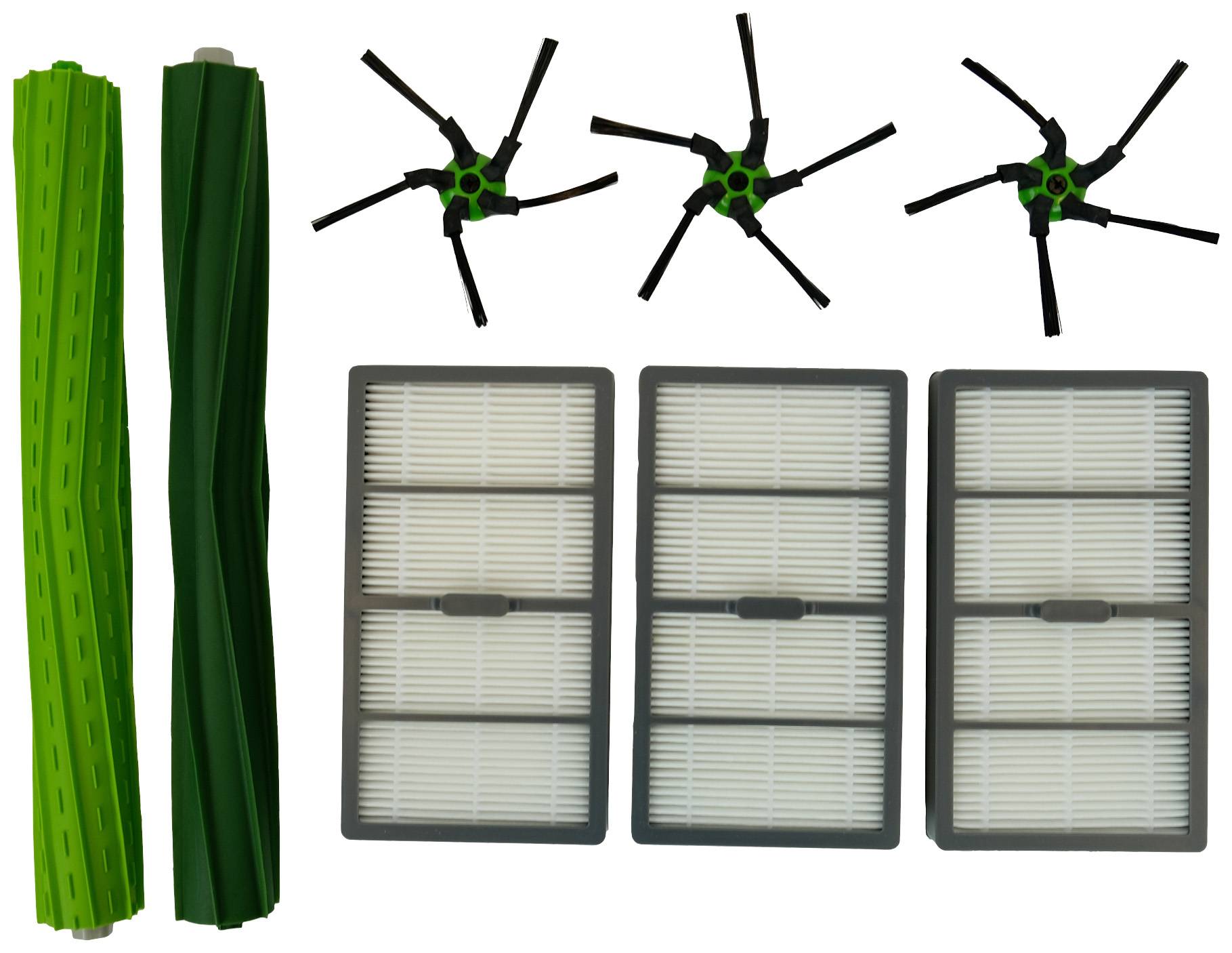 Accessory set for a robot vacuum cleaner consisting of two green brush rolls, three side brushes, and three rectangular filters.