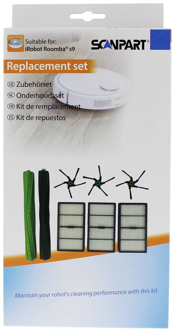 Packaging for an iRobot Roomba s9 replacement parts kit, containing four brushes, three filters, and two cleaning tools, for maintenance.