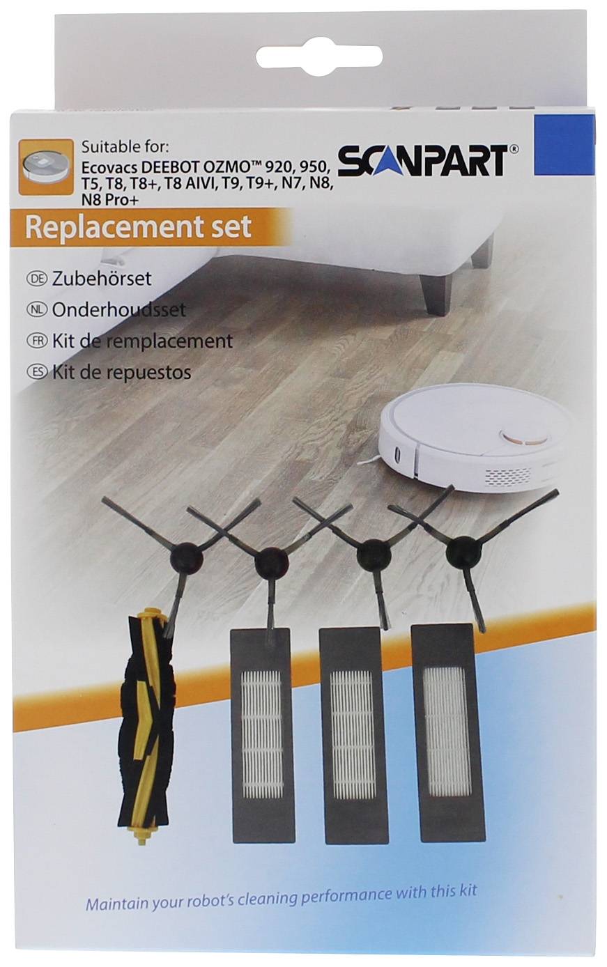 'Replacement set' for Ecovacs DEEBOT OZMO models, containing brushes and filters. Product packaging shows accessory images below.