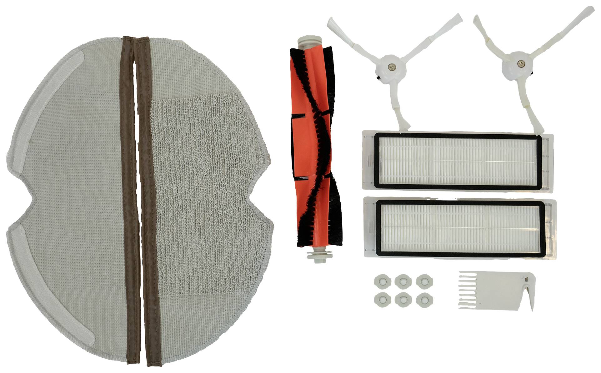 Replacement parts set for a robot vacuum cleaner, comprising cleaning cloths, brushes, filters, screws, and a cleaning tool.