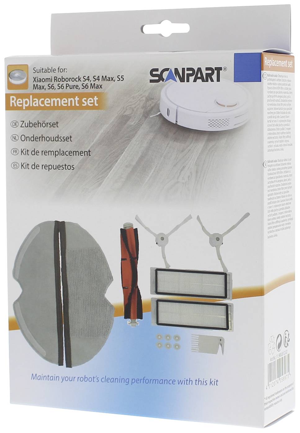 Replacement parts set for robot vacuum. Includes wiping cloth, brushes and filters. Compatible with Roborock models S4–S6.