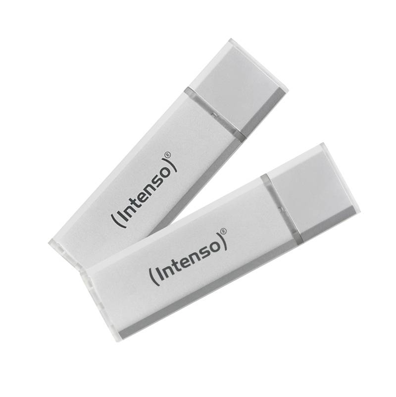 Two silver USB sticks from the brand 'Intenso' are lying diagonally on top of each other. Both sticks have a minimalist design with no visible ports.