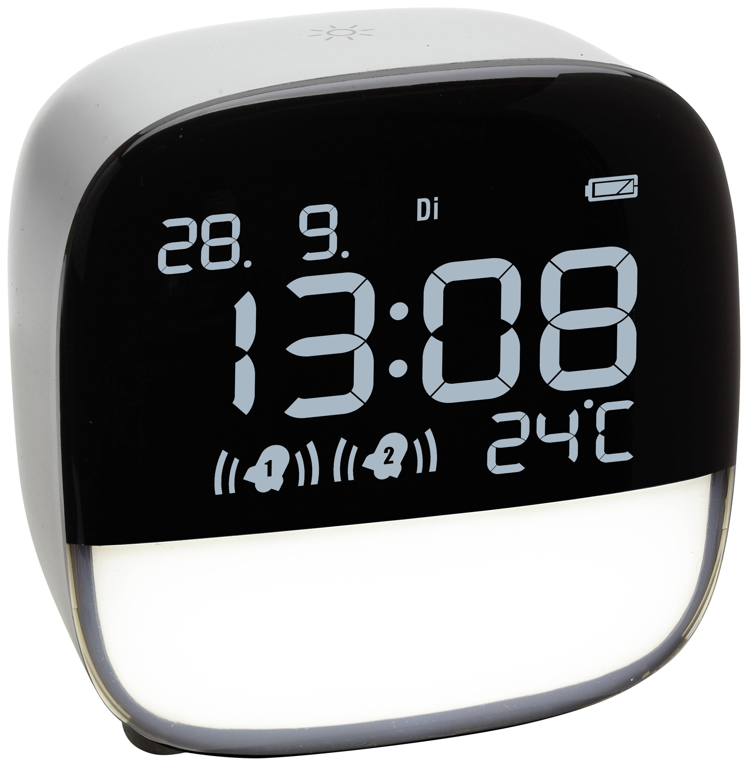 Black digital alarm clock displays date '28.9.', day of the week 'Tue', time '13:08', temperature '24°C' and two alarm indicators.