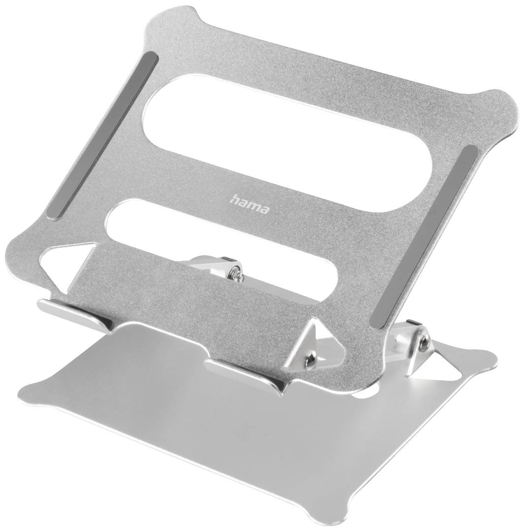 Metal laptop stand by Hama, with adjustable mounting, designed to position laptops in an ergonomic posture.