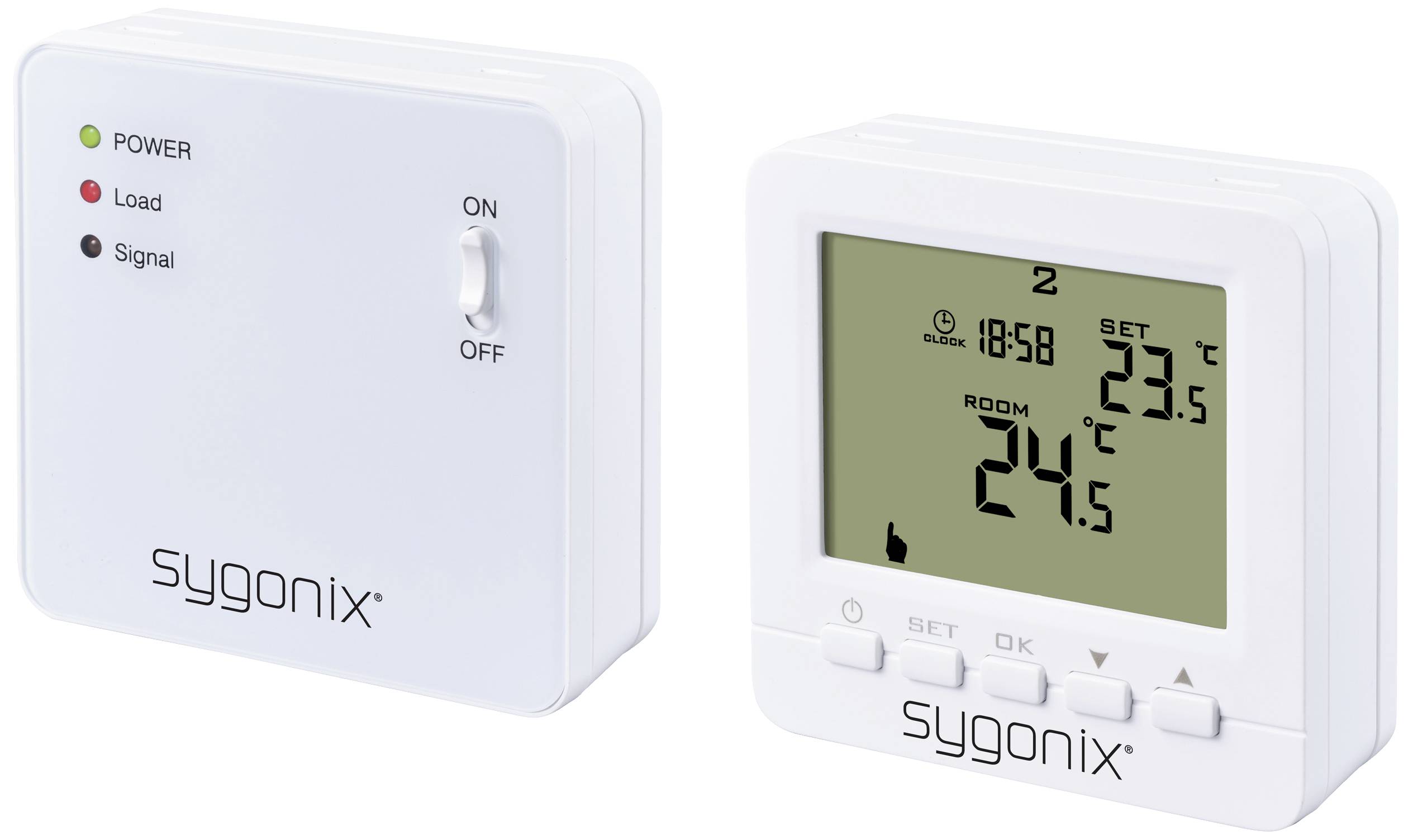 Two devices: On the left, a switch with 'Power', 'Load', 'Signal'. On the right, a digital thermostat, displaying room temperature of 24.5°C.