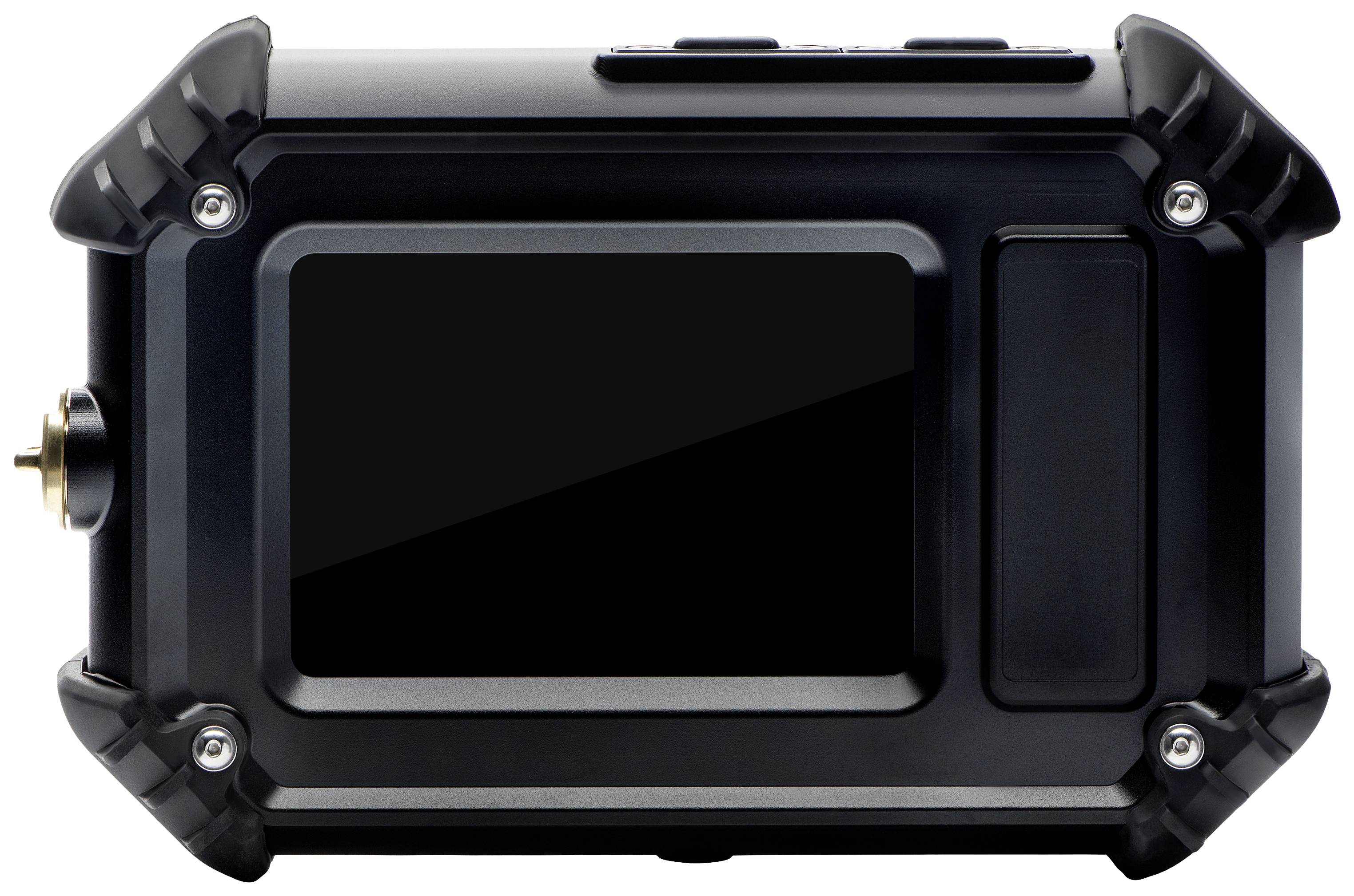 A black camera back with a display and several buttons.