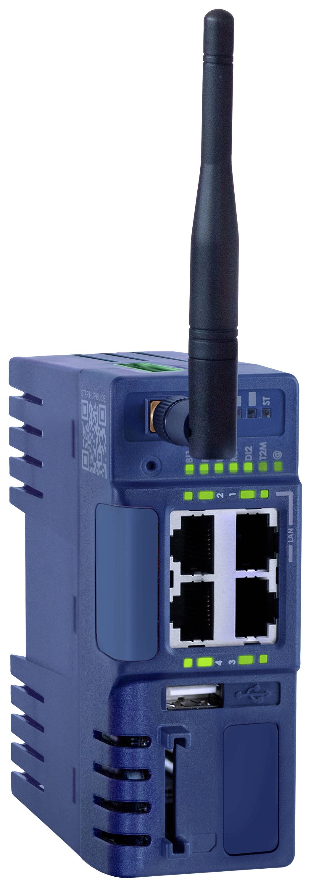 A blue electronic device with an antenna and multiple ports, most likely a communication module for industrial applications.