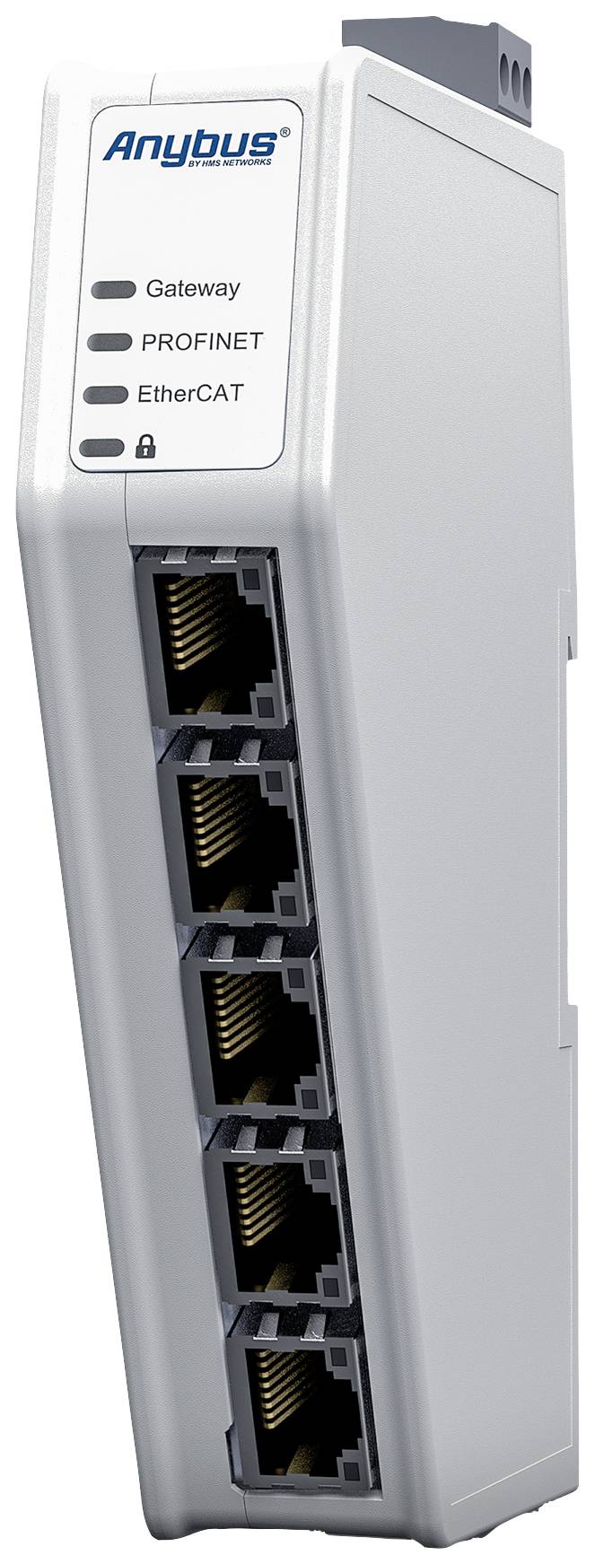 A network gateway device with six Ethernet ports, suitable for PROFINET and EtherCAT connections, branded as 'Anybus'.