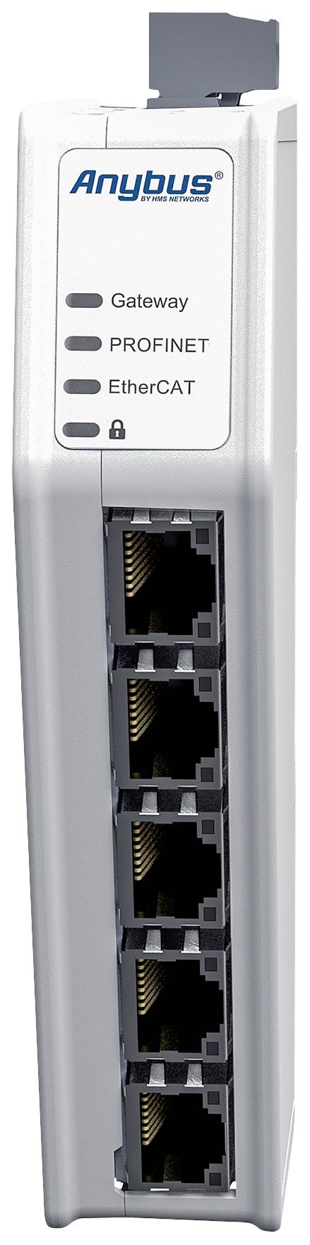 A white-grey network gateway with five Ethernet ports, suitable for PROFINET and EtherCAT protocols, featuring the Anybus logo.
