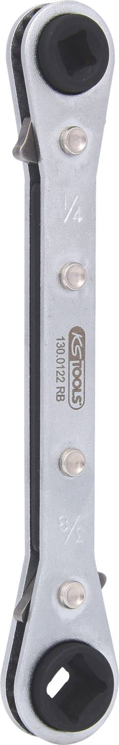 Silver, double-ended ratchet ring spanner with black ratchet mechanism at both ends. 'KS Tools' marking in the centre.