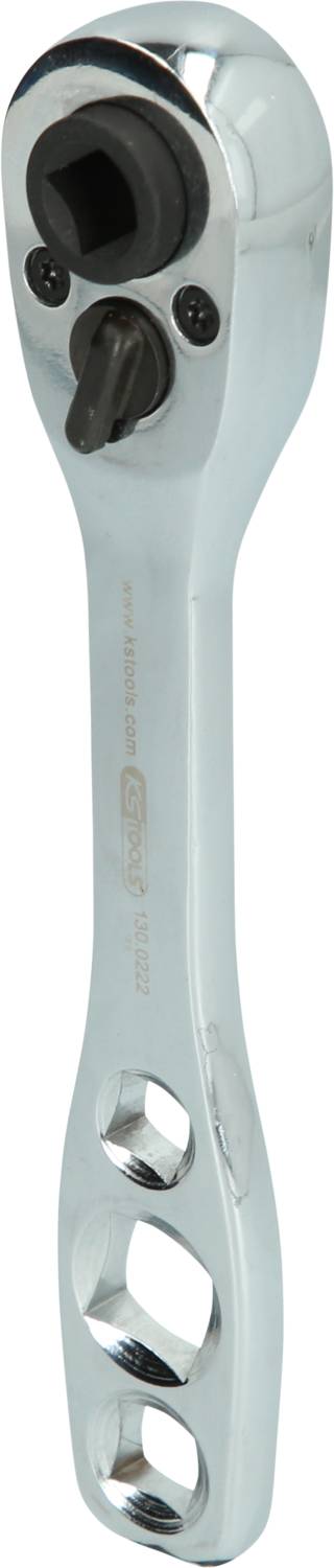 A silver ratchet with a black turning lever and square drive, used for tightening screws with compatible sockets.