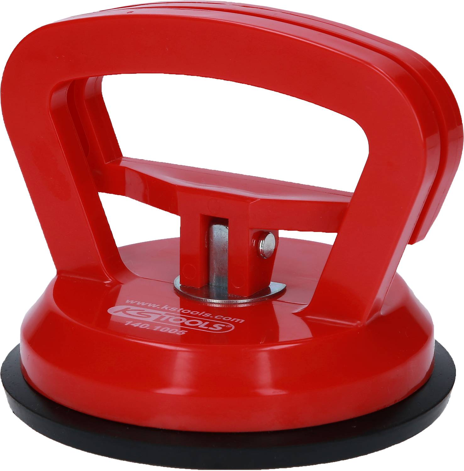 Red plastic suction lifter with an ergonomic handle for secure attachment and movement of smooth surfaces.