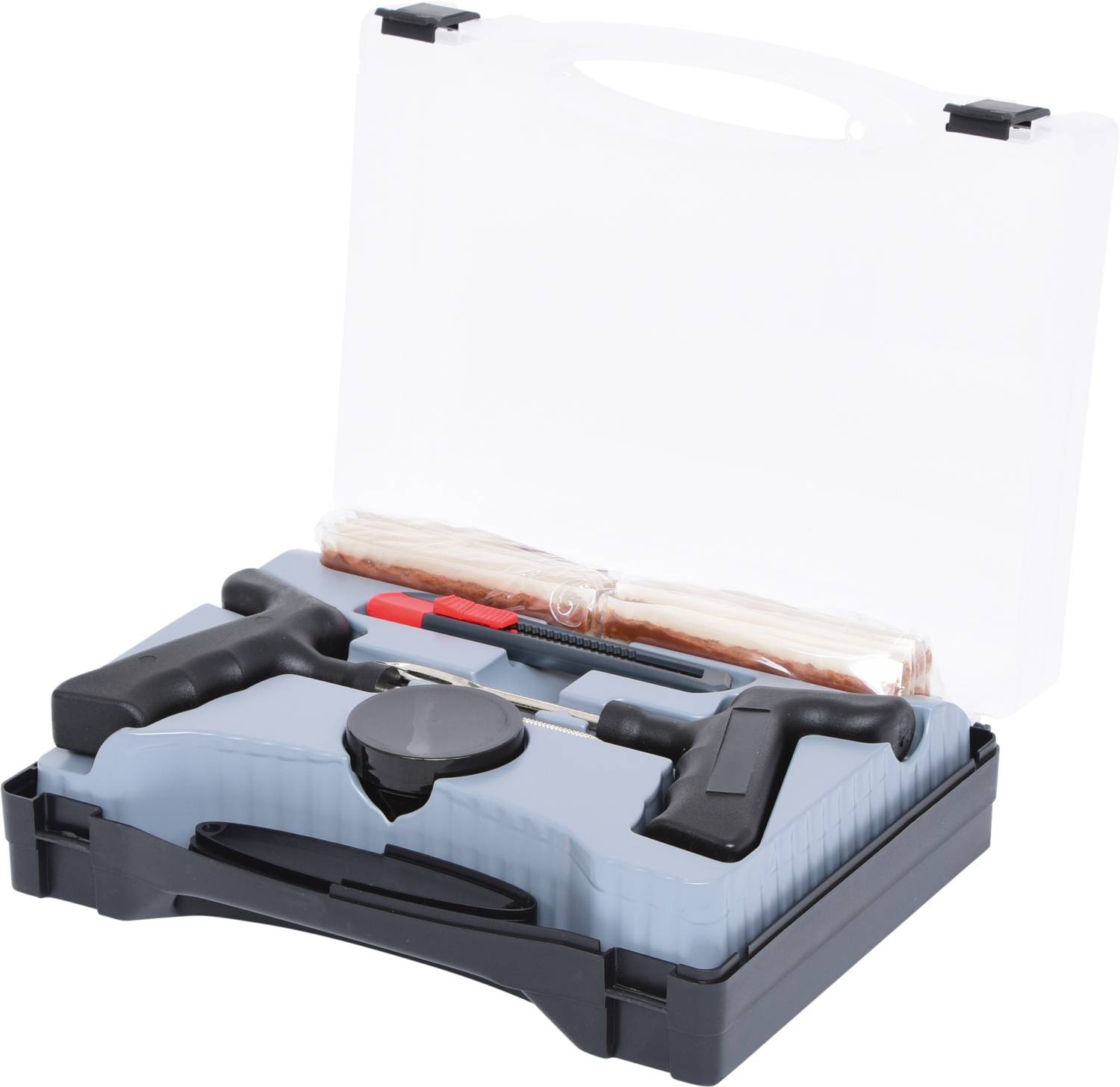 An open toolbox with handles, containing various tools and accessories, ready for repair work.