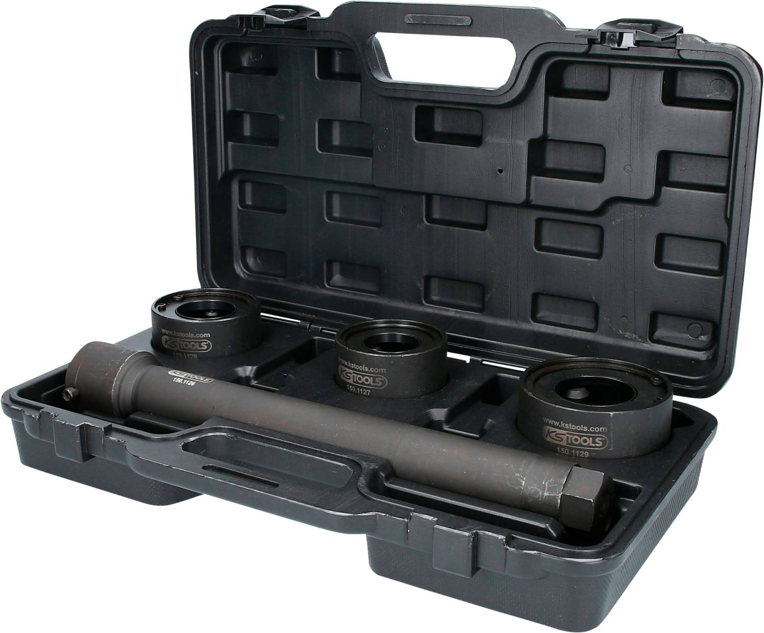 Black tool case with four round attachments and a long cylindrical tool, arranged in shaped compartments.
