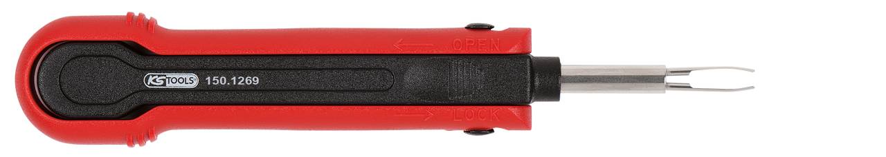 Red screwdriver, lying horizontally, with a black handle. A metal tip protrudes, suitable for small screw-related tasks.