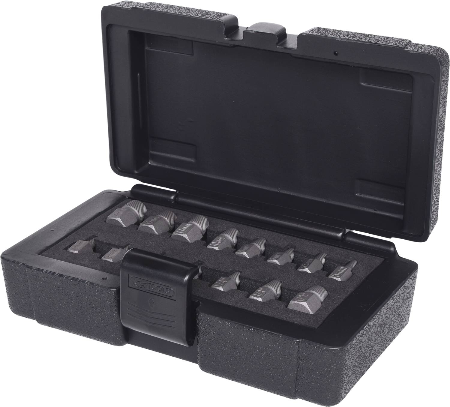 Black tool case with an open lid, displaying sixteen drills arranged in neat rows.