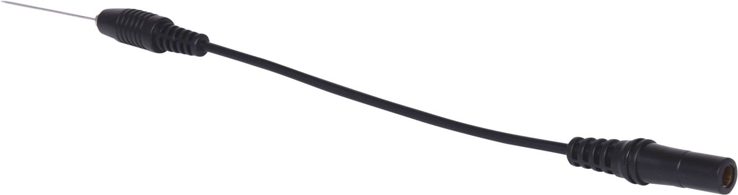 A black cable with connectors at both ends, one with a metal tip and the other with a circular connector.