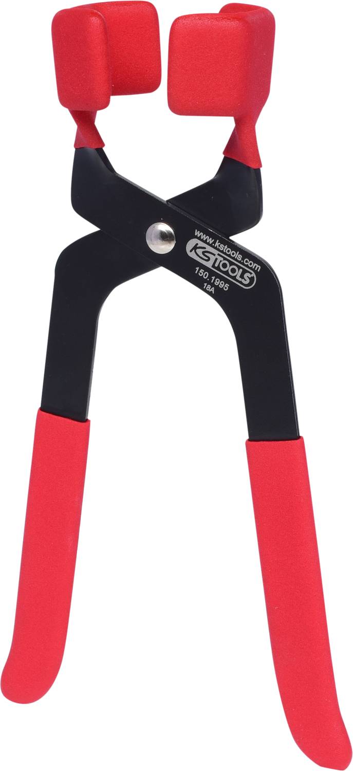 Pliers with a red handle and padded jaws. Likely used for delicate materials to prevent damage.