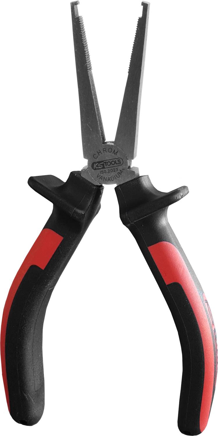 A red and black needle-nose pliers, useful for precise gripping and cutting work in craftsman activities.
