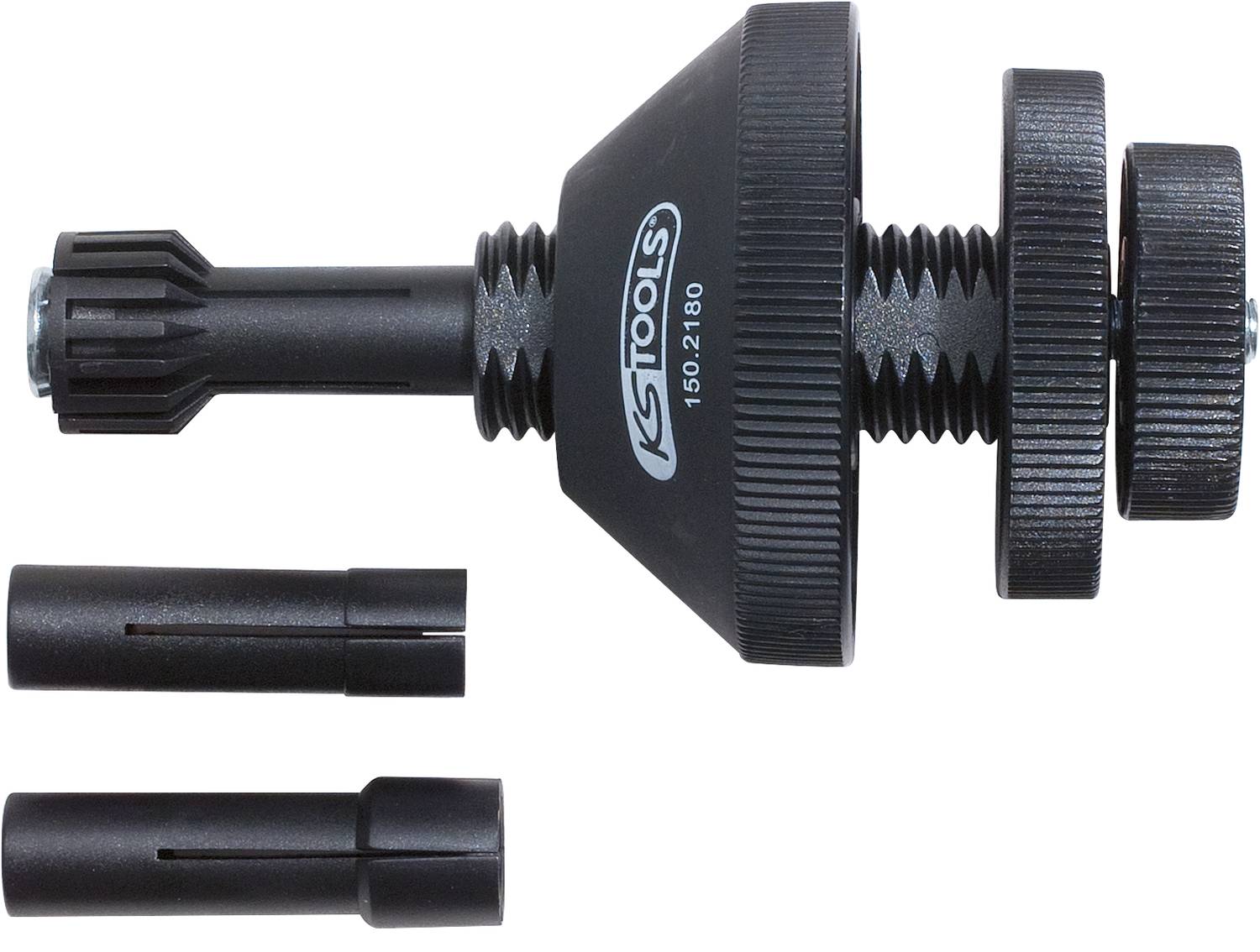 Tool for removing glow plugs, consisting of a draw mechanism with thread and two differently sized sleeves.