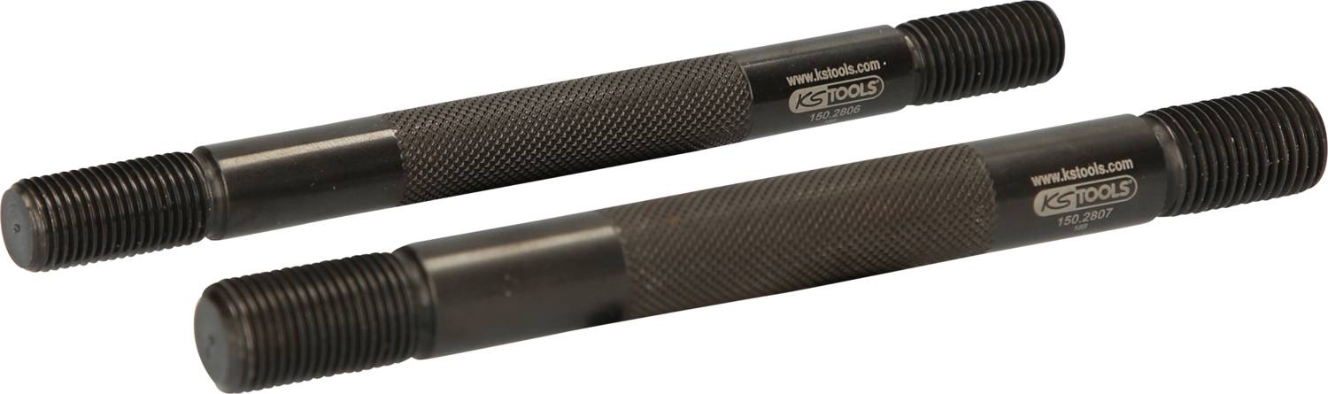 Two black mounting bolts with knurled grip areas and threads at both ends, used for precise mechanical work.
