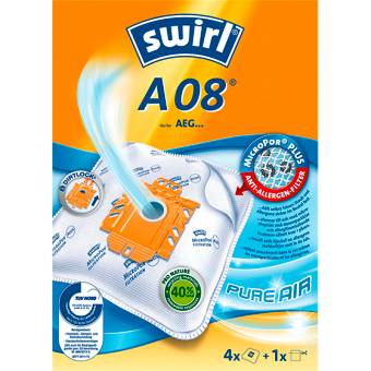 'Swirl A 08 Vacuum Cleaner Bags for AEG.' Packaging shows vacuum cleaner bags with 'Anti-Allergy Filter'. Contains 4 bags and 1 filter.