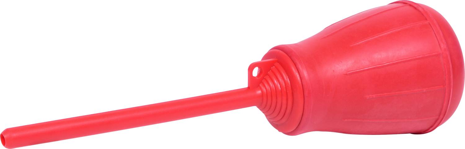 Red watering can with a long, narrow spout, lying on a light background. Suitable for watering plants in hard-to-reach areas.