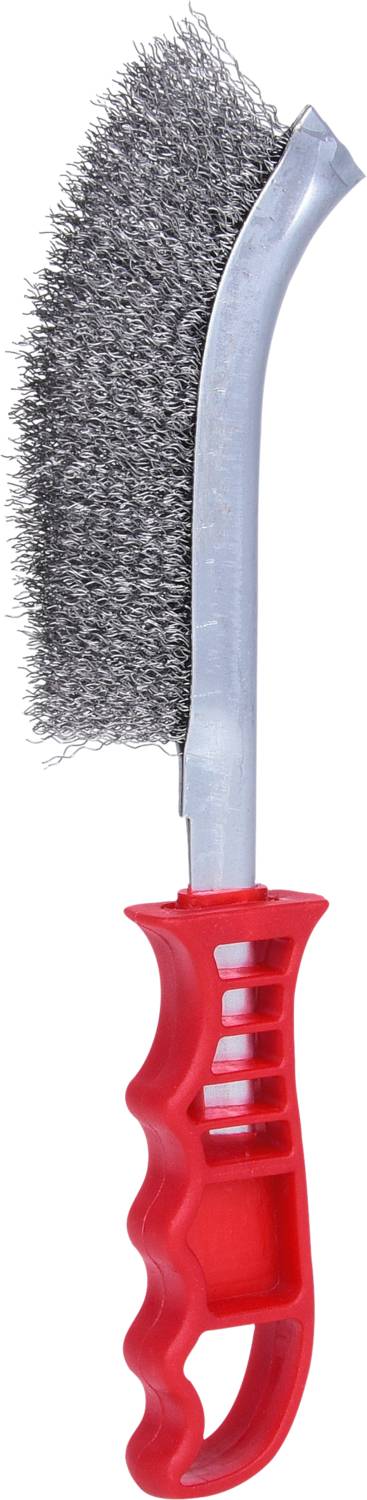 A wire brush with a red, ergonomic handle. The bristles are metallic and curved for effective cleaning work.