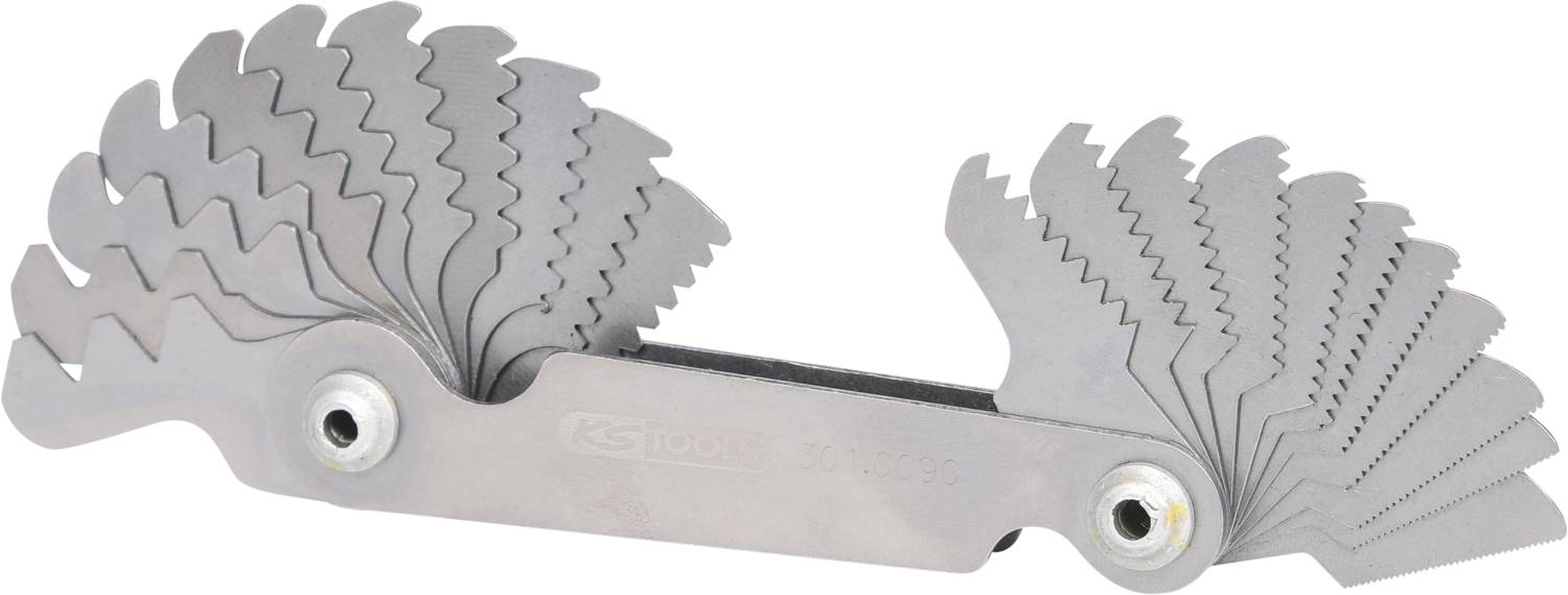 A measuring tool with various tooth profiles that can be unfolded. Used for determining thread sizes and patterns.